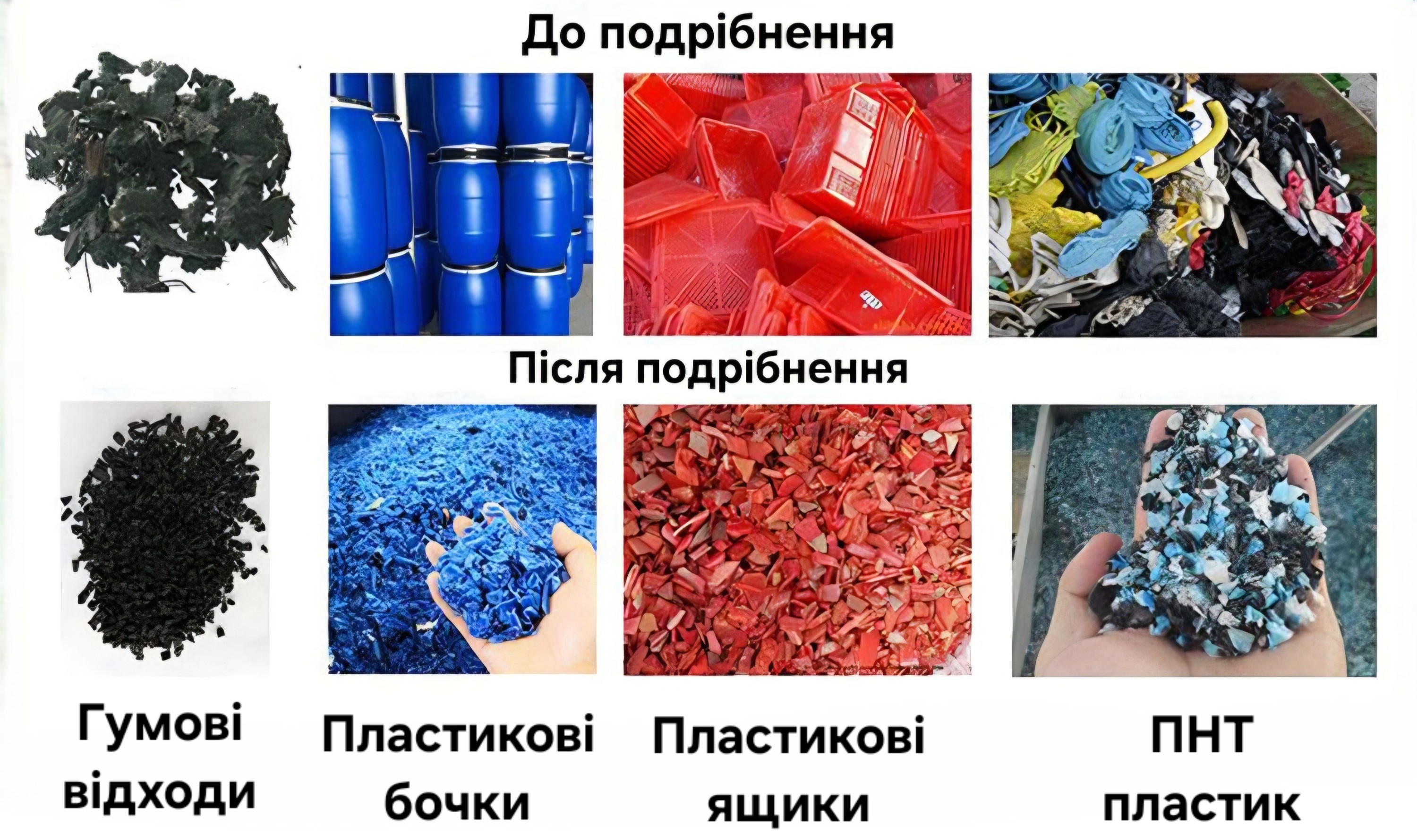 Результат подрібнення пластику до та після